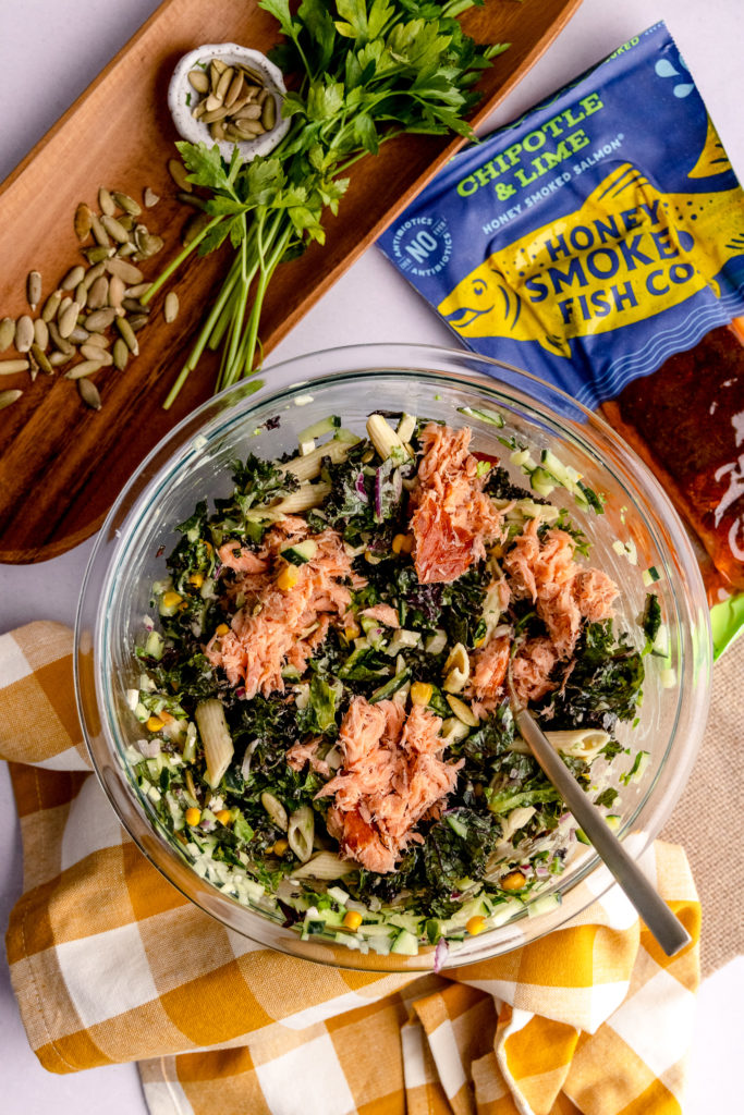 meal-prep smoked salmon salad with creamy avocado dressing